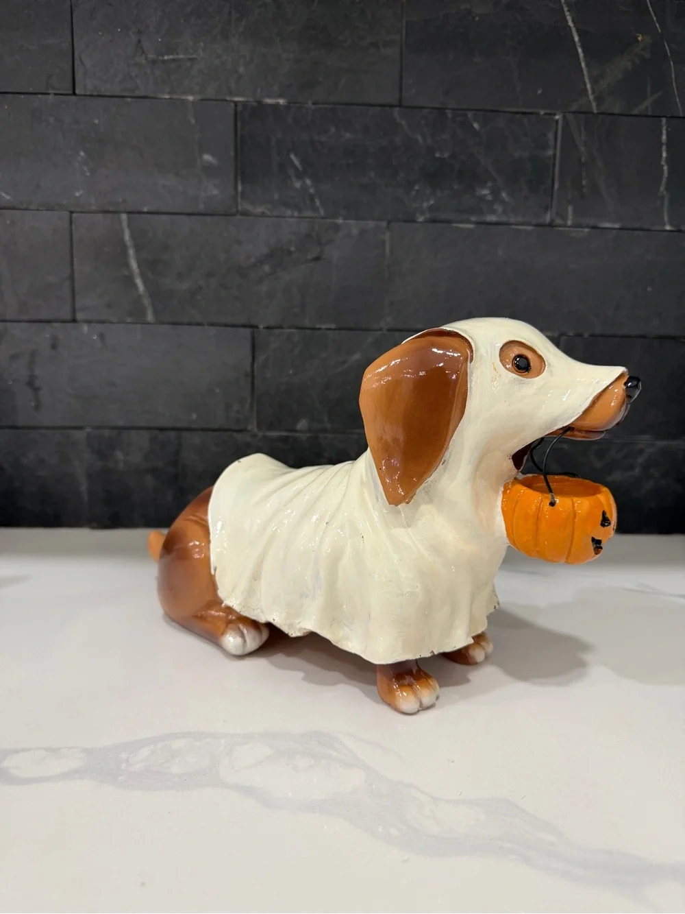 Halloween Dog Statue Figurine in White and Brown with Pumpkin Bucket